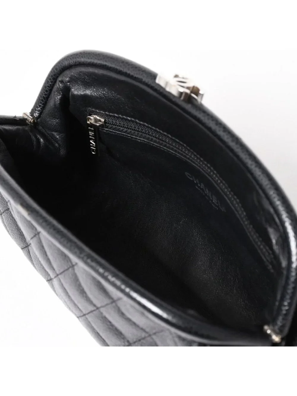 Chanel Timeless Classic Clutch CC Logo Caviar Leather Quilted Silver